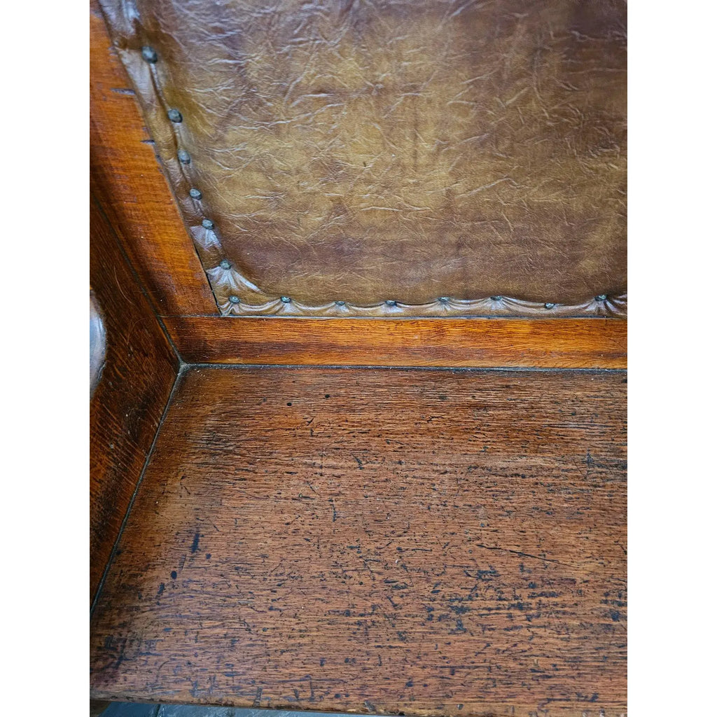 Matched Pair Of Antique Nineteenth Century Primitive Country Pine High Back Settle Benches With Leather Backing And Cushions