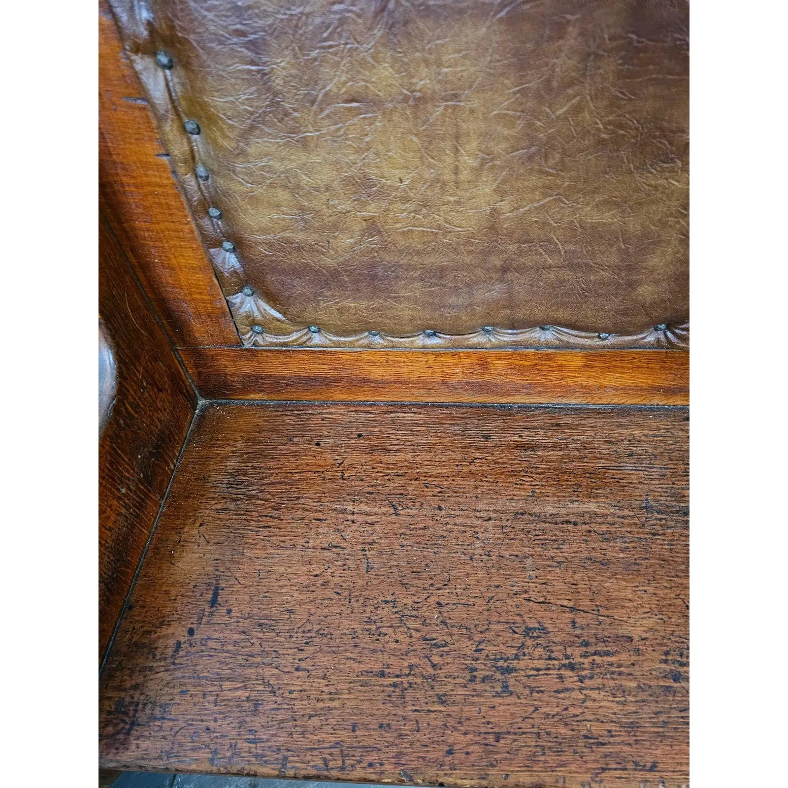 Matched Pair Of Antique Nineteenth Century Primitive Country Pine High Back Settle Benches With Leather Backing And Cushions