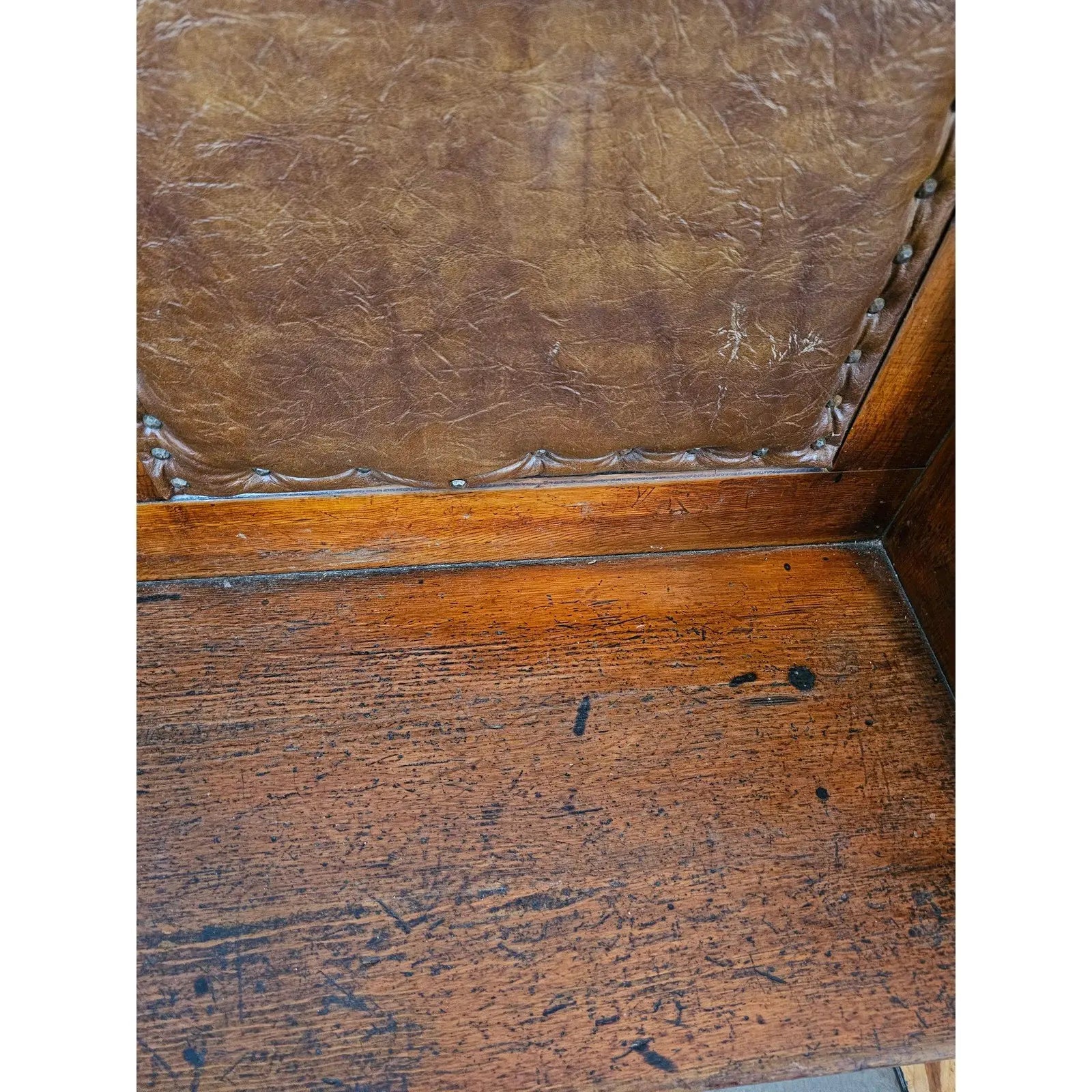 Matched Pair Of Antique Nineteenth Century Primitive Country Pine High Back Settle Benches With Leather Backing And Cushions
