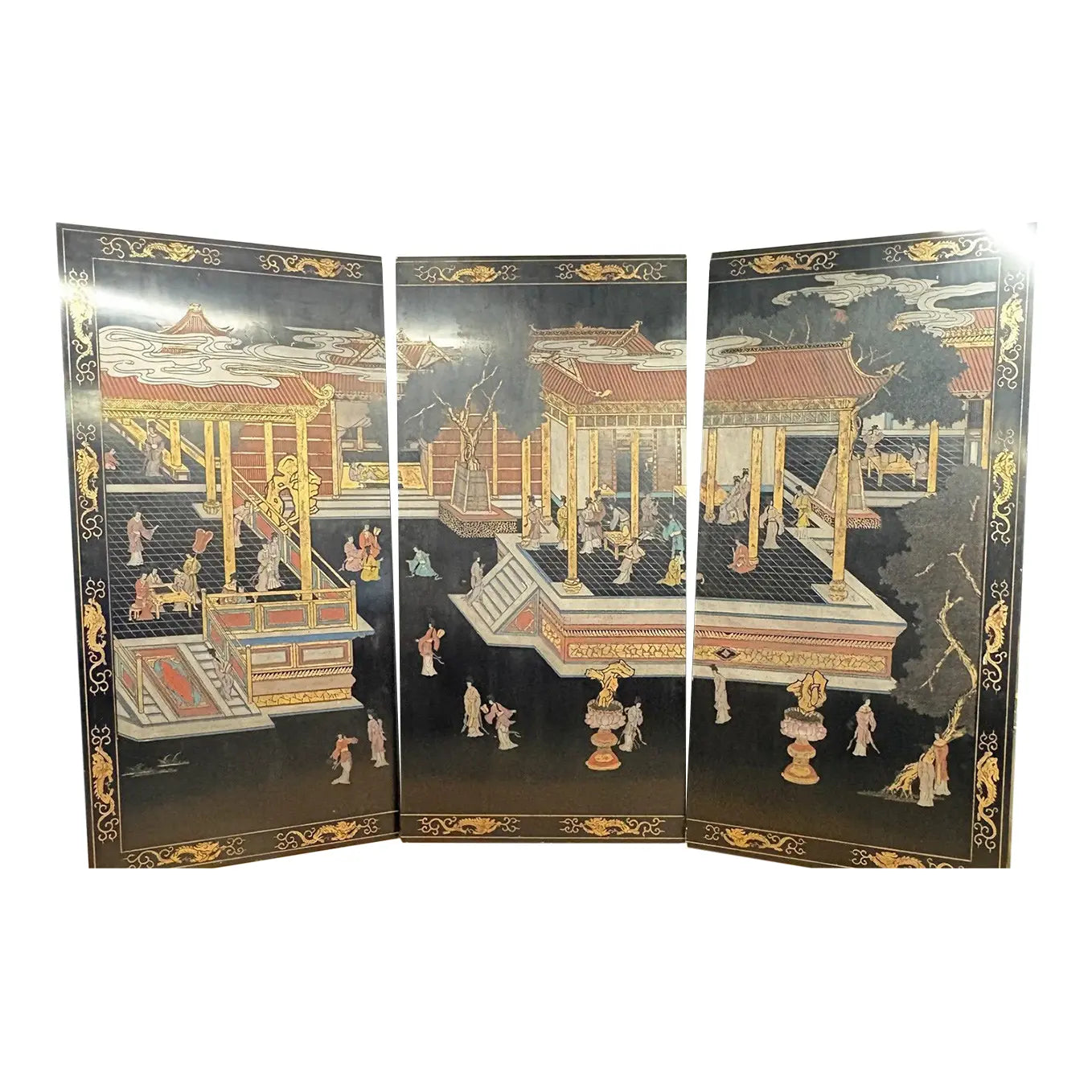Extraordinary 8-Foot Maitland-Smith 3-Panel Chinoiserie Coromandel Style Lacquer Screen