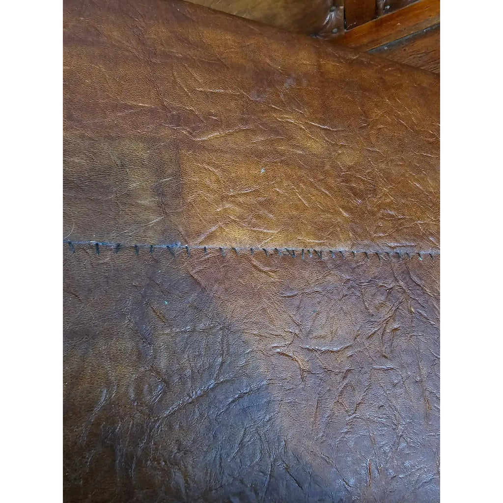 Matched Pair Of Antique Nineteenth Century Primitive Country Pine High Back Settle Benches With Leather Backing And Cushions