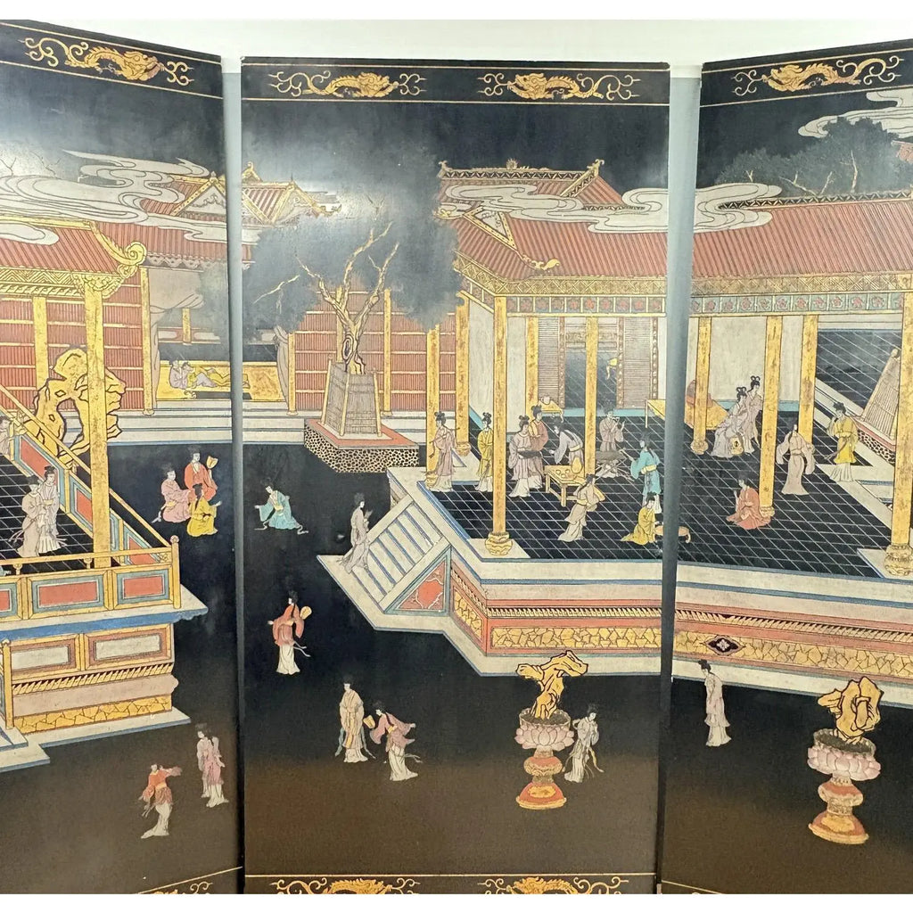 Extraordinary 8-Foot Maitland-Smith 3-Panel Chinoiserie Coromandel Style Lacquer Screen