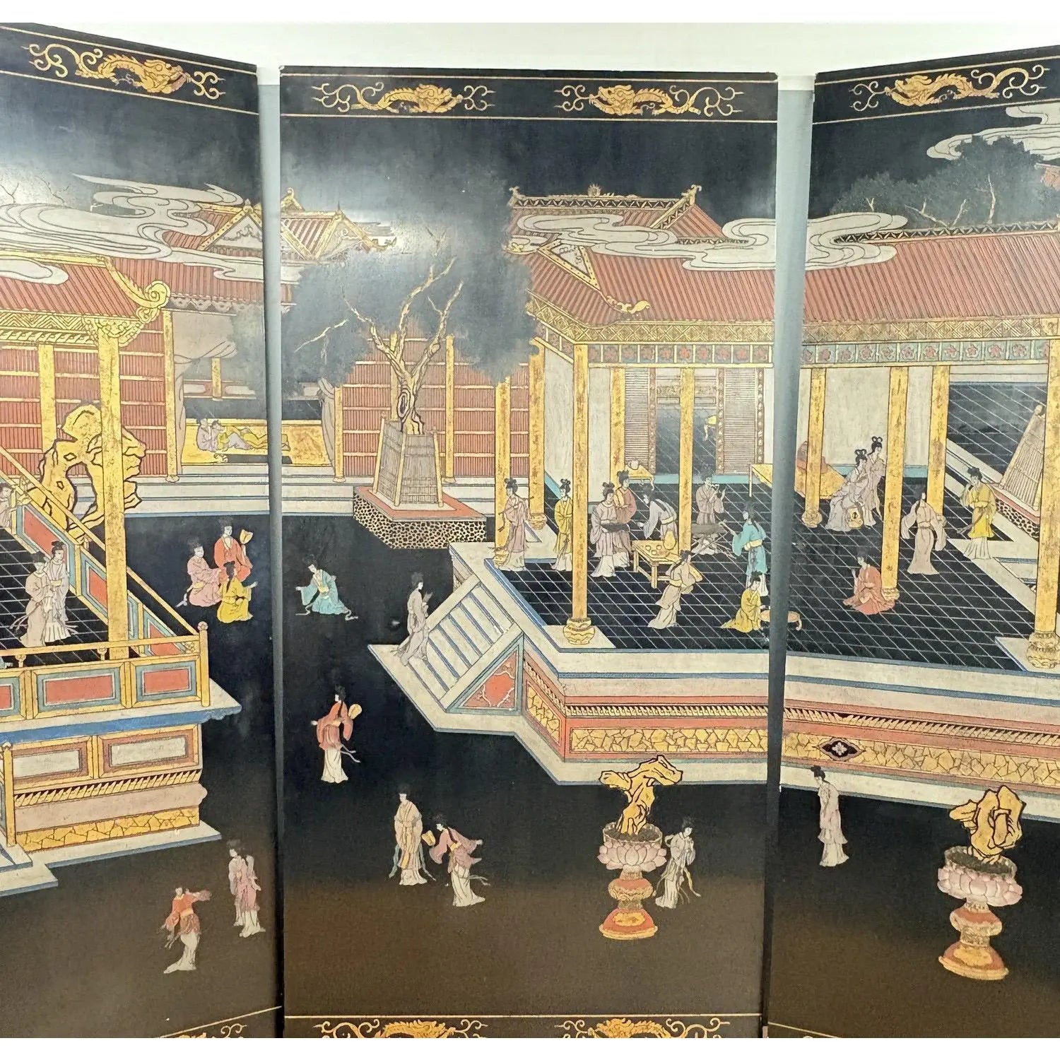 Extraordinary 8-Foot Maitland-Smith 3-Panel Chinoiserie Coromandel Style Lacquer Screen