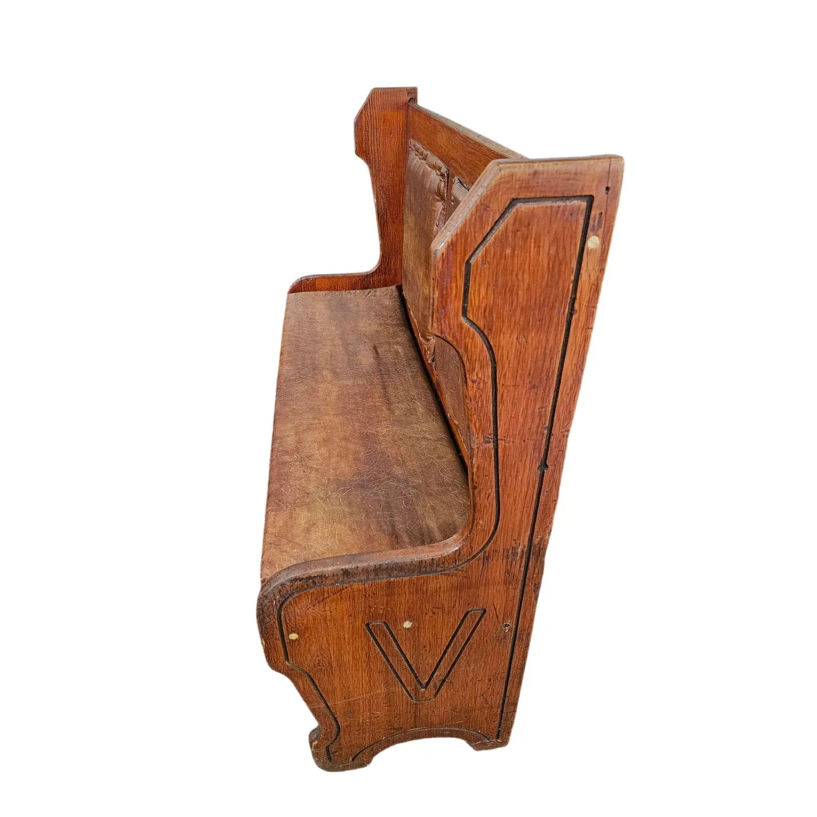 Matched Pair Of Antique Nineteenth Century Primitive Country Pine High Back Settle Benches With Leather Backing And Cushions