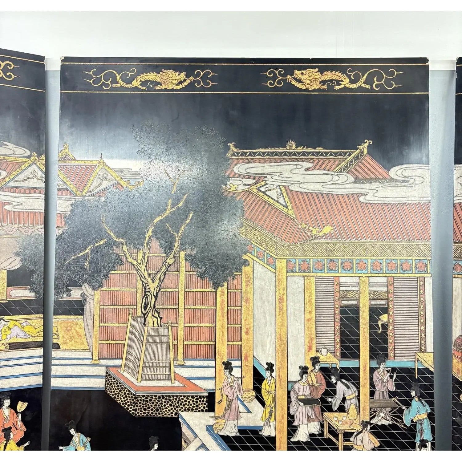 Extraordinary 8-Foot Maitland-Smith 3-Panel Chinoiserie Coromandel Style Lacquer Screen