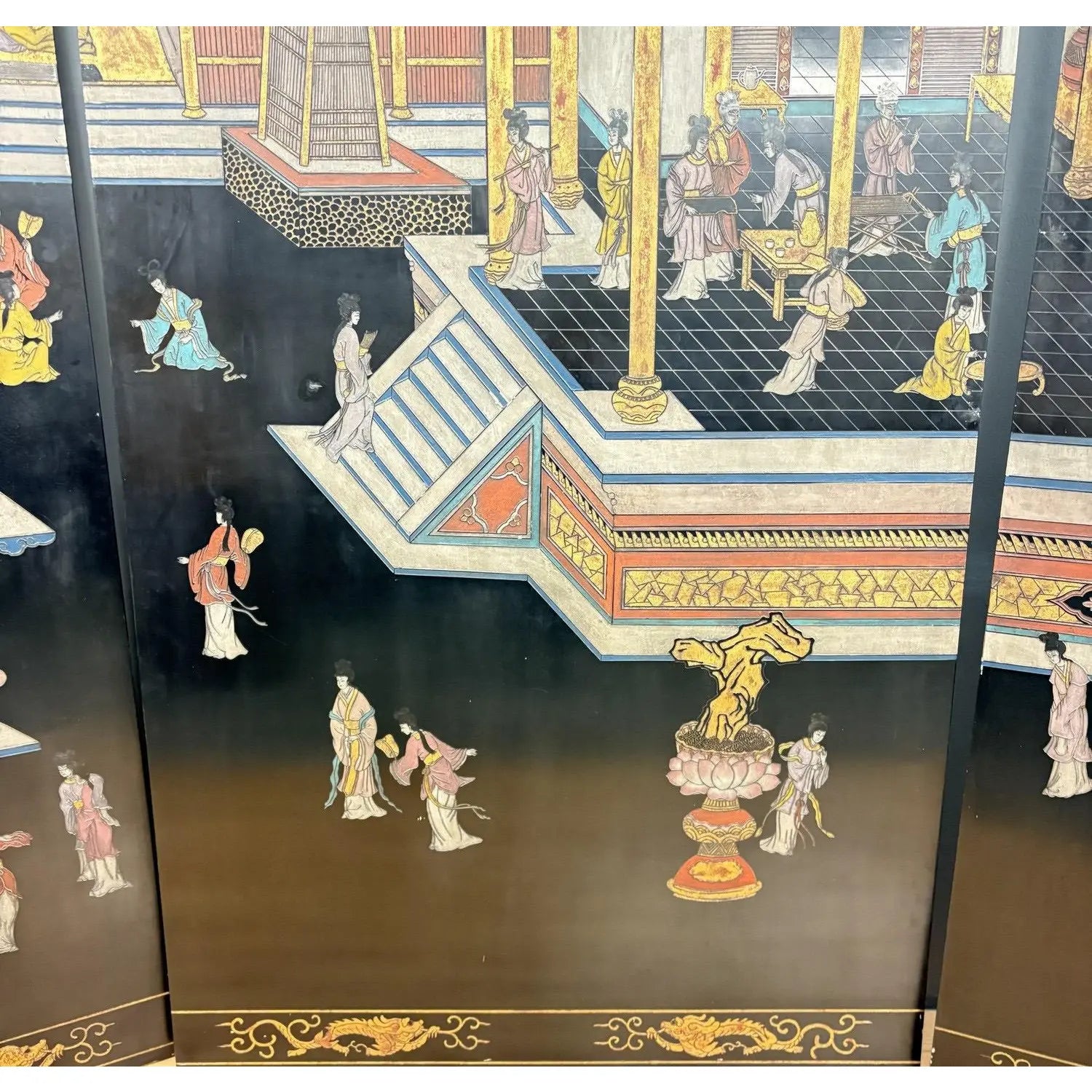Extraordinary 8-Foot Maitland-Smith 3-Panel Chinoiserie Coromandel Style Lacquer Screen