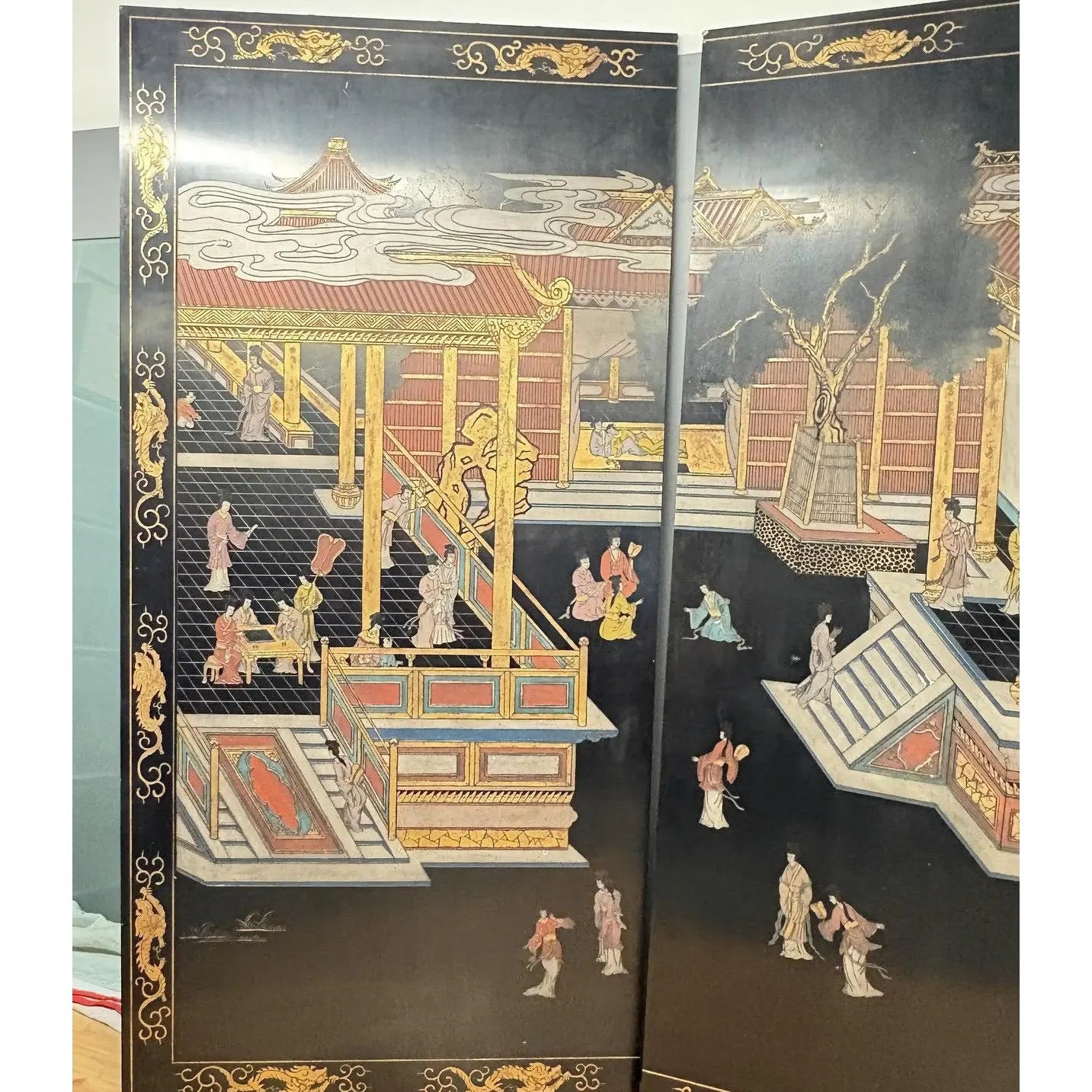 Extraordinary 8-Foot Maitland-Smith 3-Panel Chinoiserie Coromandel Style Lacquer Screen