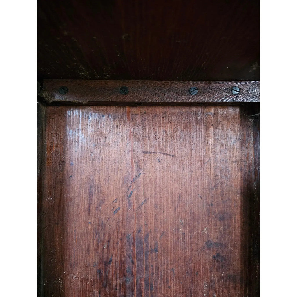 Matched Pair Of Antique Nineteenth Century Primitive Country Pine High Back Settle Benches With Leather Backing And Cushions