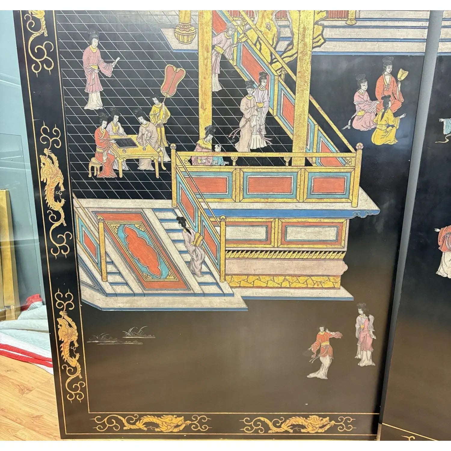 Extraordinary 8-Foot Maitland-Smith 3-Panel Chinoiserie Coromandel Style Lacquer Screen