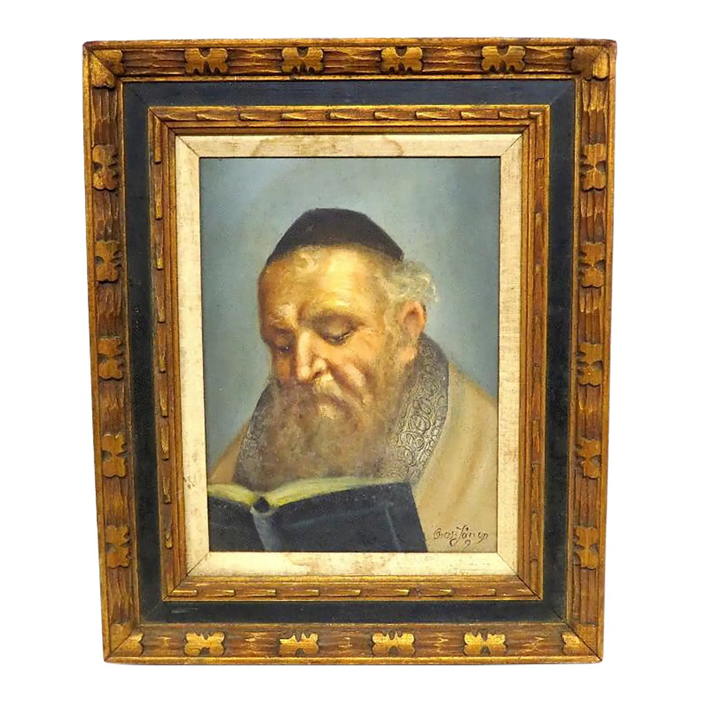 Mid-Century Signed Erling Jørgensen Oil Painting - "Rabbi in Study" Fine Judaica