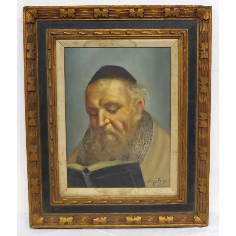 Mid-Century Signed Erling Jørgensen Oil Painting - "Rabbi in Study" Fine Judaica