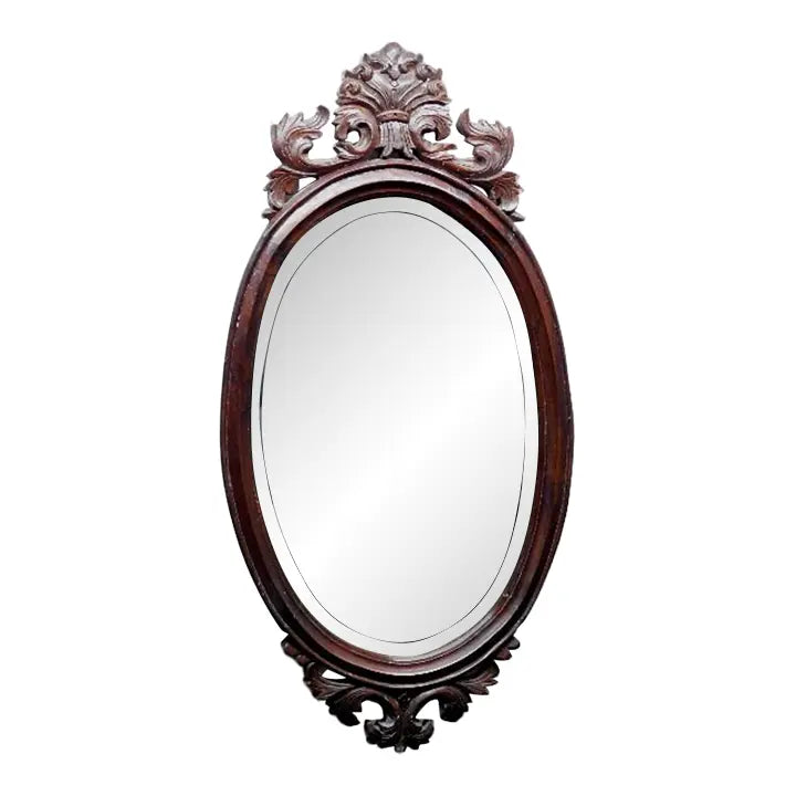 Antique Victorian Solid Mahogany Wall Mirror - 19th Century Rococo Revival - Hand-Carved Beveled Glass