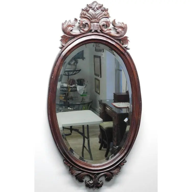 Antique Victorian Solid Mahogany Wall Mirror - 19th Century Rococo Revival - Hand-Carved Beveled Glass