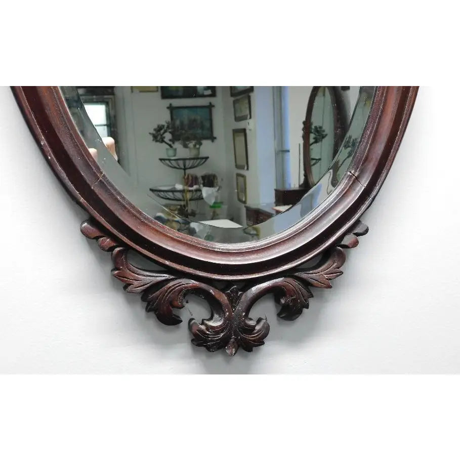 Antique Victorian Solid Mahogany Wall Mirror - 19th Century Rococo Revival - Hand-Carved Beveled Glass