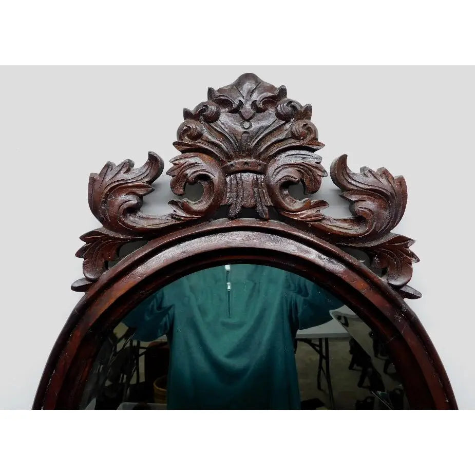 Antique Victorian Solid Mahogany Wall Mirror - 19th Century Rococo Revival - Hand-Carved Beveled Glass