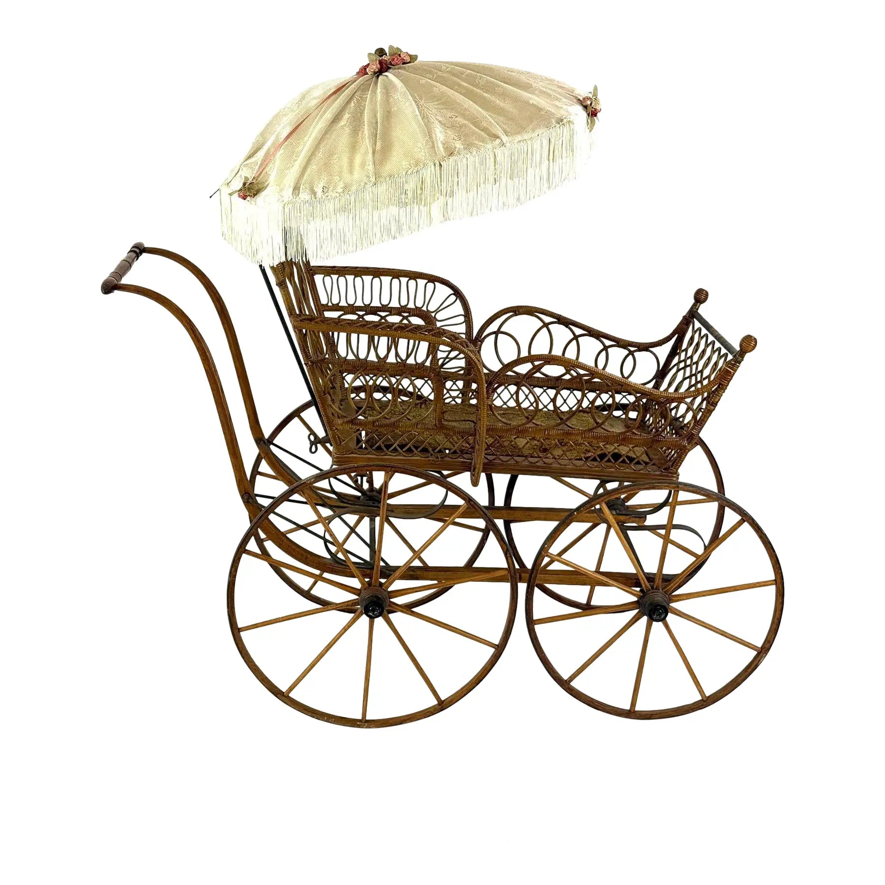 Museum-Quality 19th Century Victorian Wicker Baby Carriage with Original Lace Parasol - Heywood-Wakefield Style