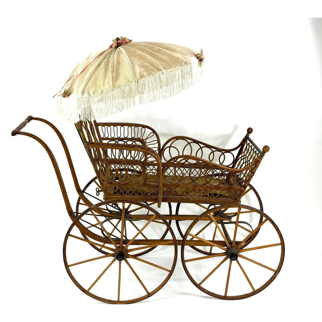Museum-Quality 19th Century Victorian Wicker Baby Carriage with Original Lace Parasol - Heywood-Wakefield Style