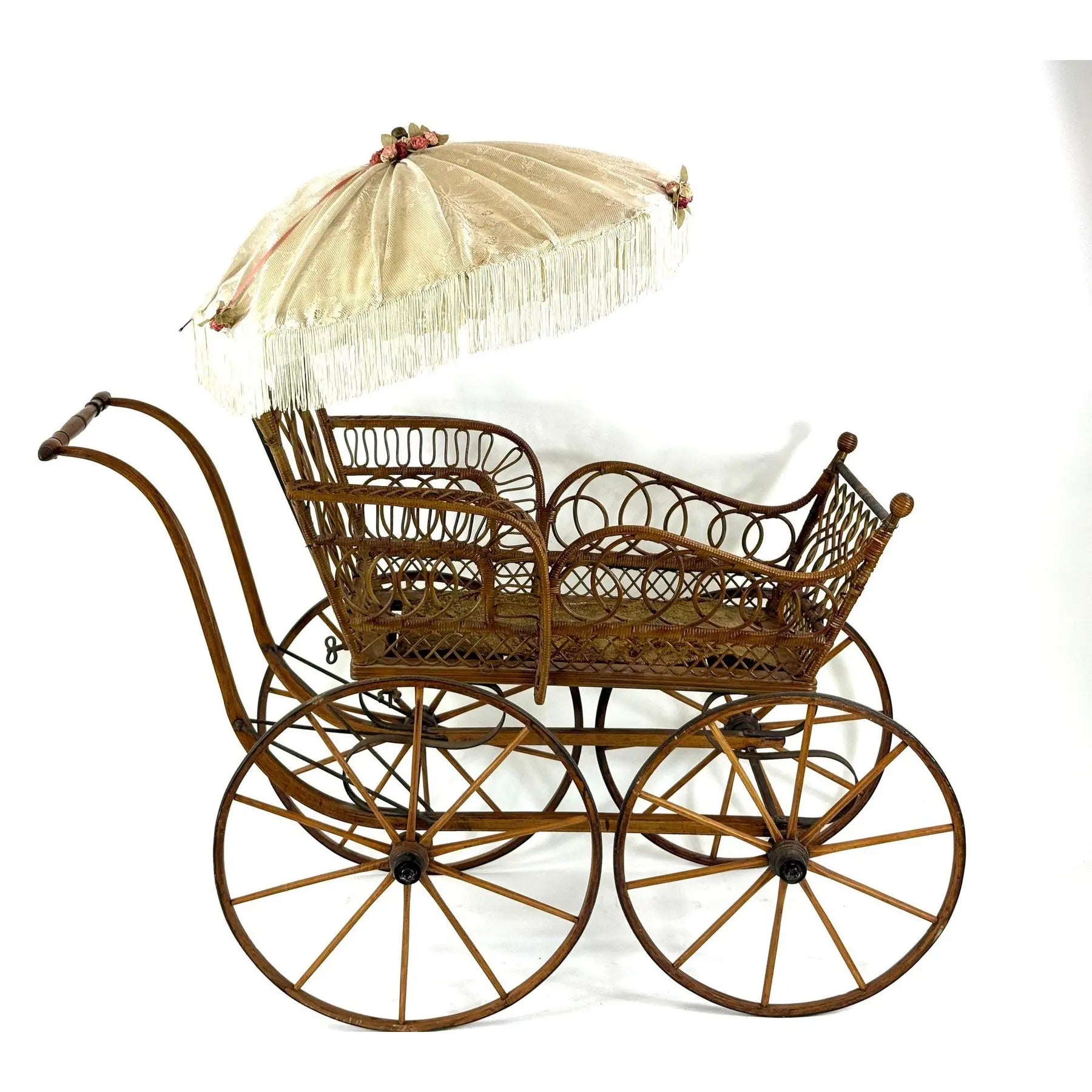 Museum-Quality 19th Century Victorian Wicker Baby Carriage with Original Lace Parasol - Heywood-Wakefield Style