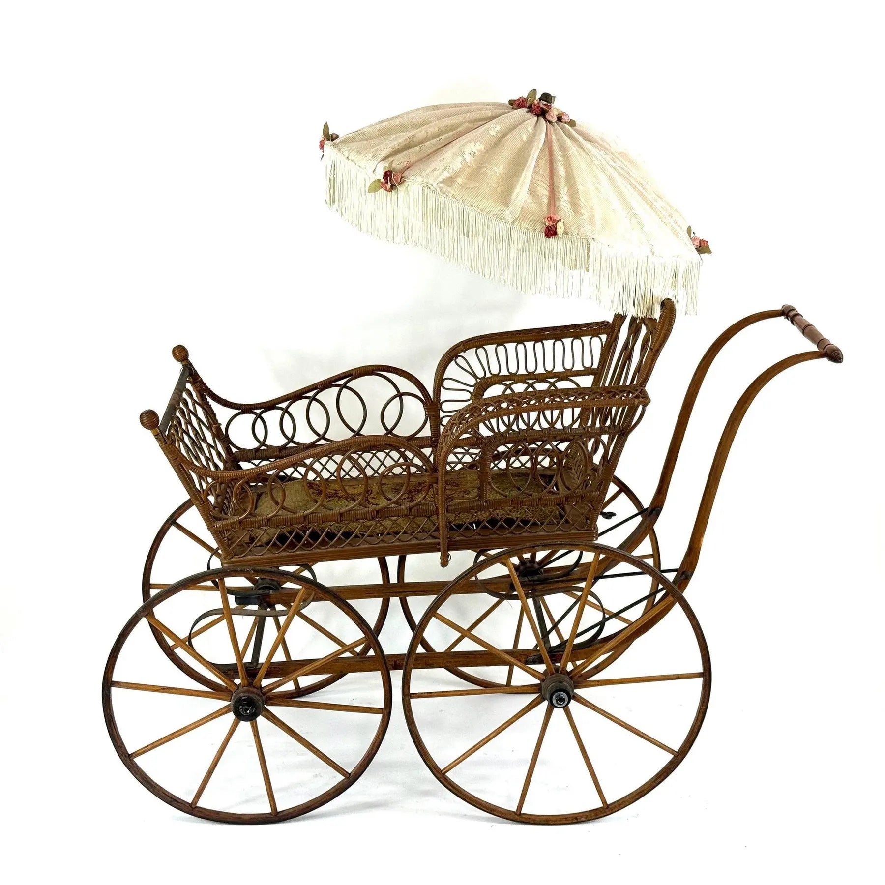 Museum-Quality 19th Century Victorian Wicker Baby Carriage with Original Lace Parasol - Heywood-Wakefield Style