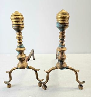 Pair Of Antique Federal Style Brass Beehive Andirons With Spurred Legs