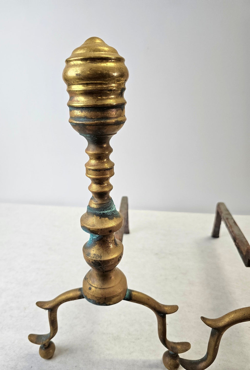 Pair Of Antique Federal Style Brass Beehive Andirons With Spurred Legs