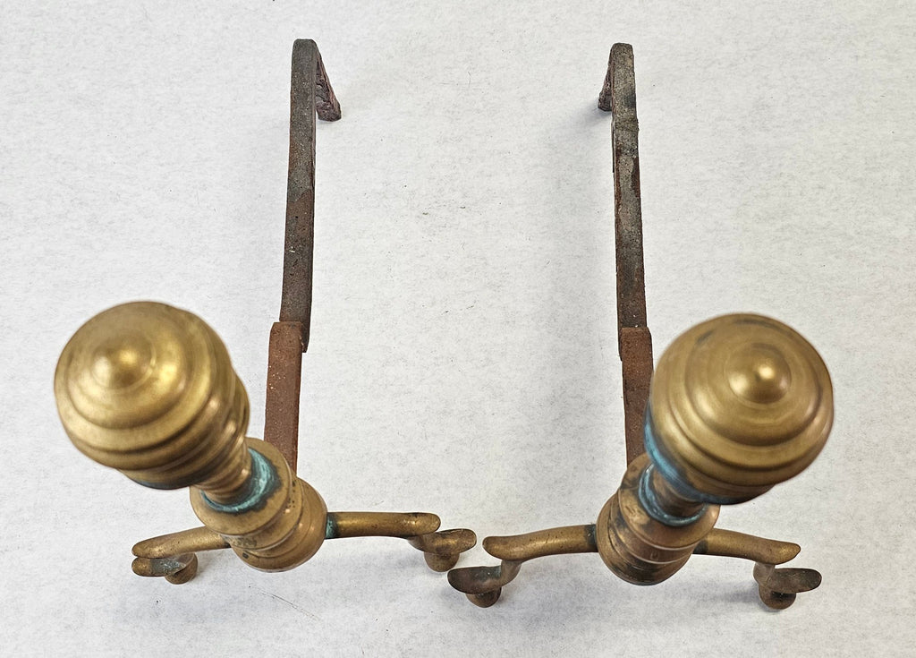 Pair Of Antique Federal Style Brass Beehive Andirons With Spurred Legs