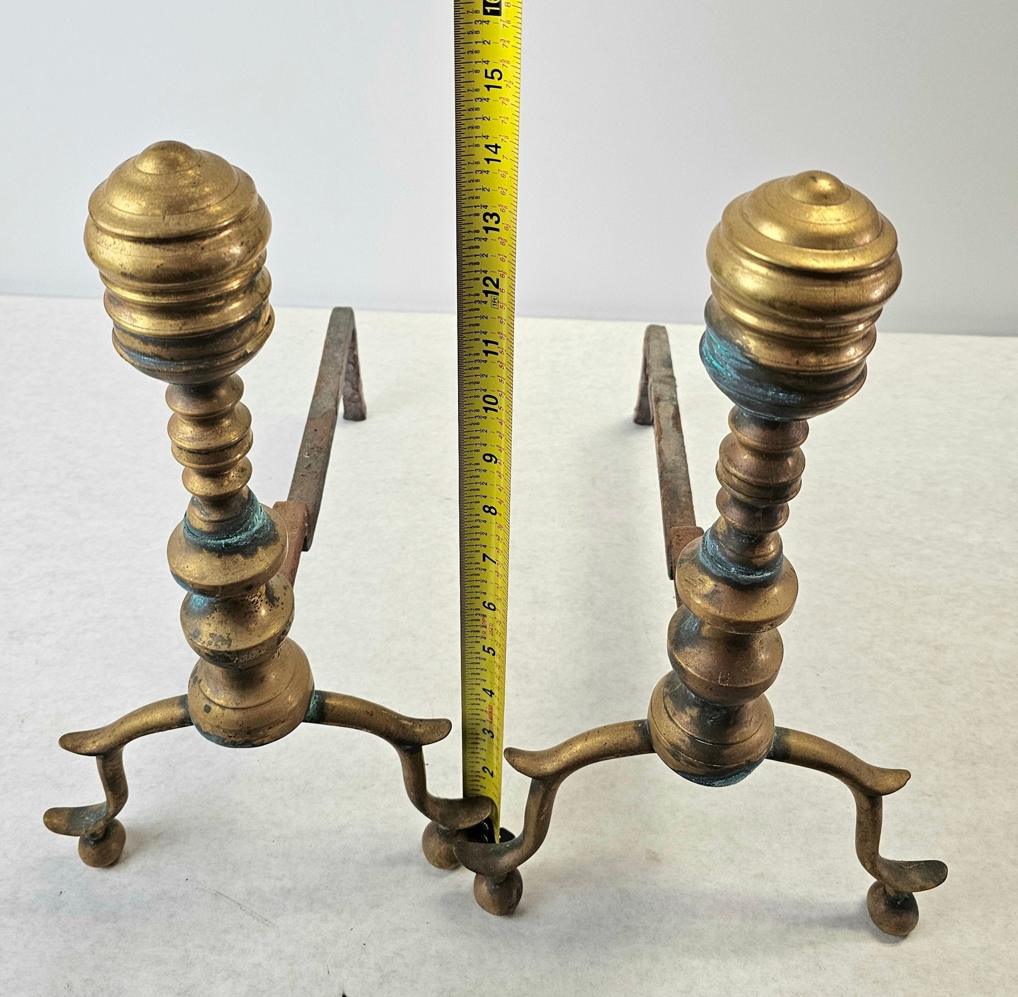 Pair Of Antique Federal Style Brass Beehive Andirons With Spurred Legs