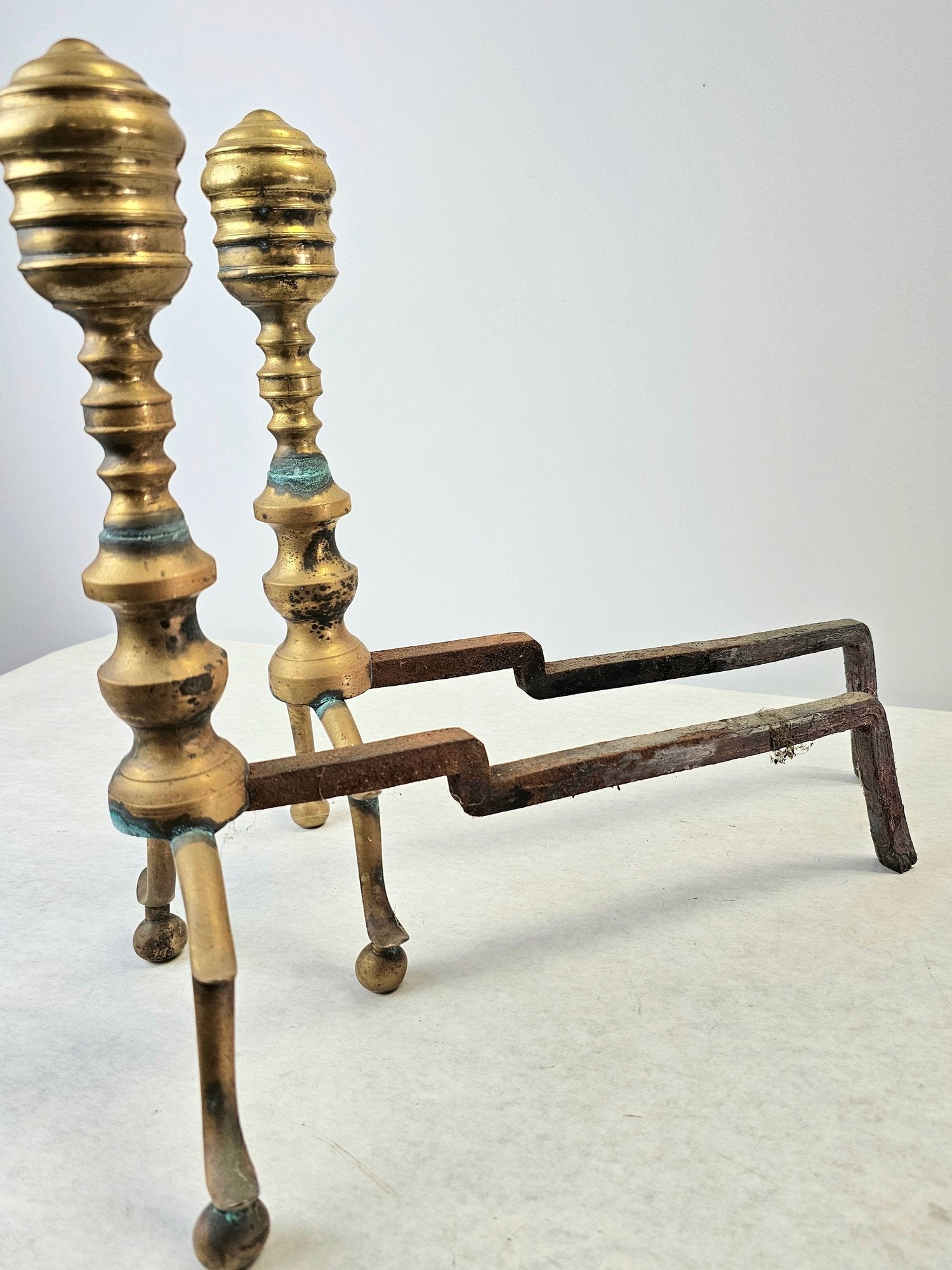 Pair Of Antique Federal Style Brass Beehive Andirons With Spurred Legs