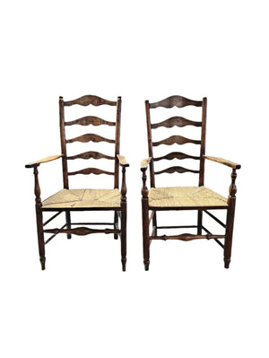 Matched Pair Of Antique Eighteenth-Century English Ladderback Rush Seat Chairs