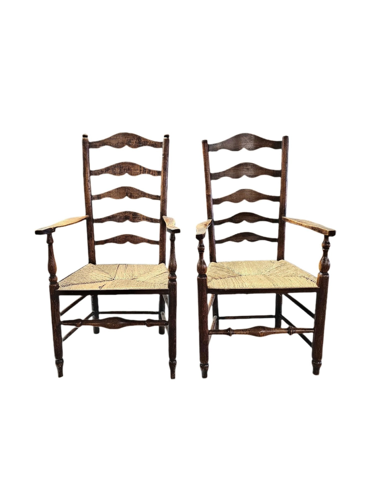 Matched Pair Of Antique Eighteenth-Century English Ladderback Rush Seat Chairs