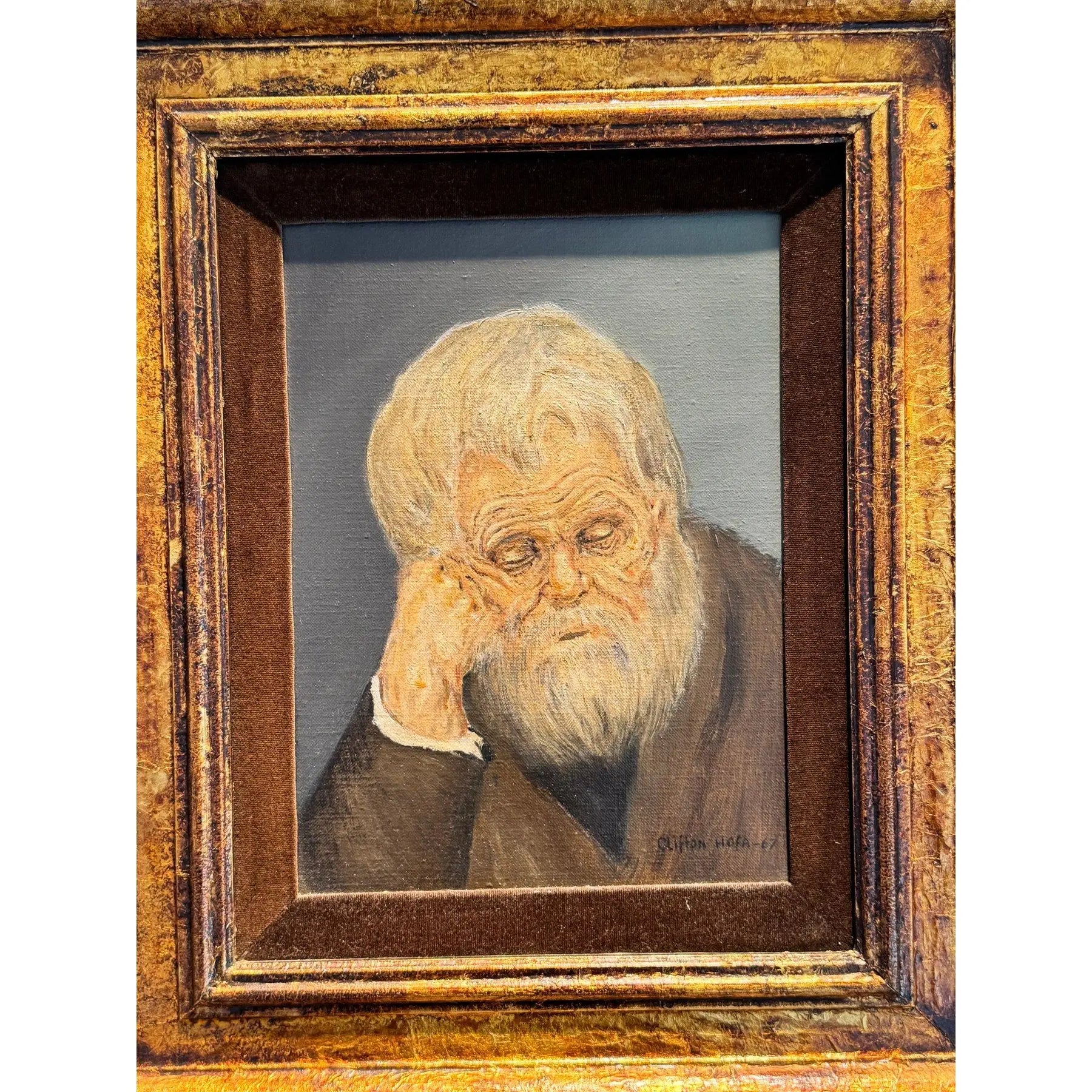 1967 Signed Original Clifton Hofa Oil Portrait – "Contemplating Time"