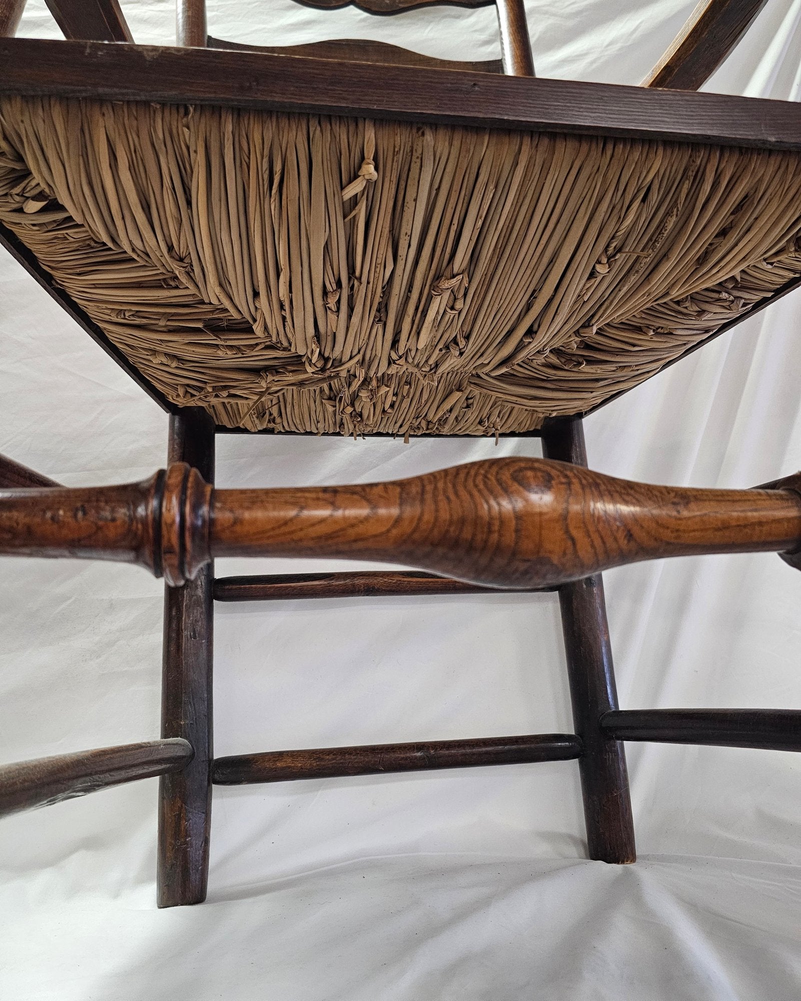 Matched Pair Of Antique Eighteenth-Century English Ladderback Rush Seat Chairs