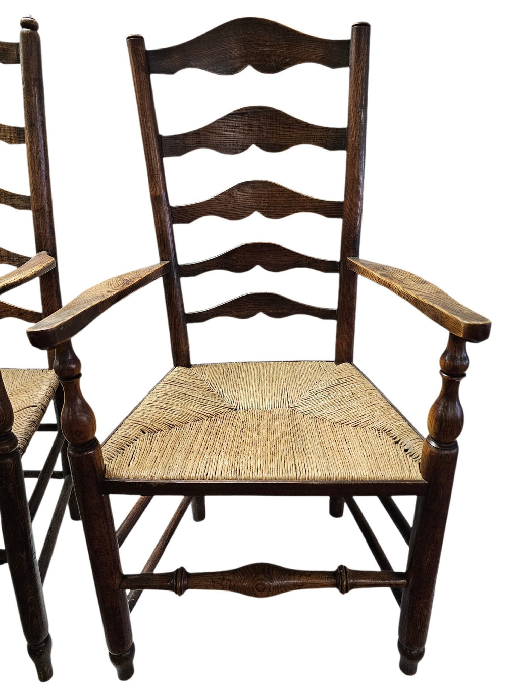 Matched Pair Of Antique Eighteenth-Century English Ladderback Rush Seat Chairs