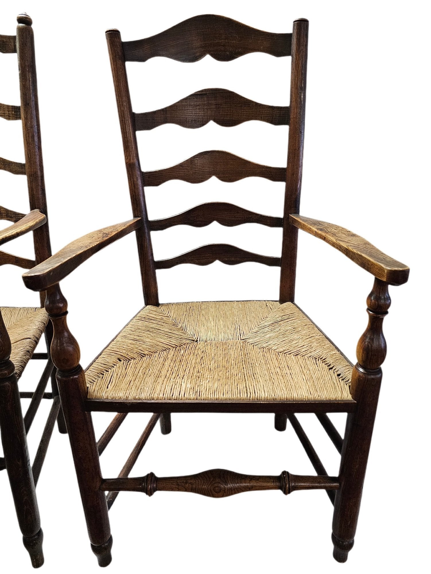 Matched Pair Of Antique Eighteenth-Century English Ladderback Rush Seat Chairs