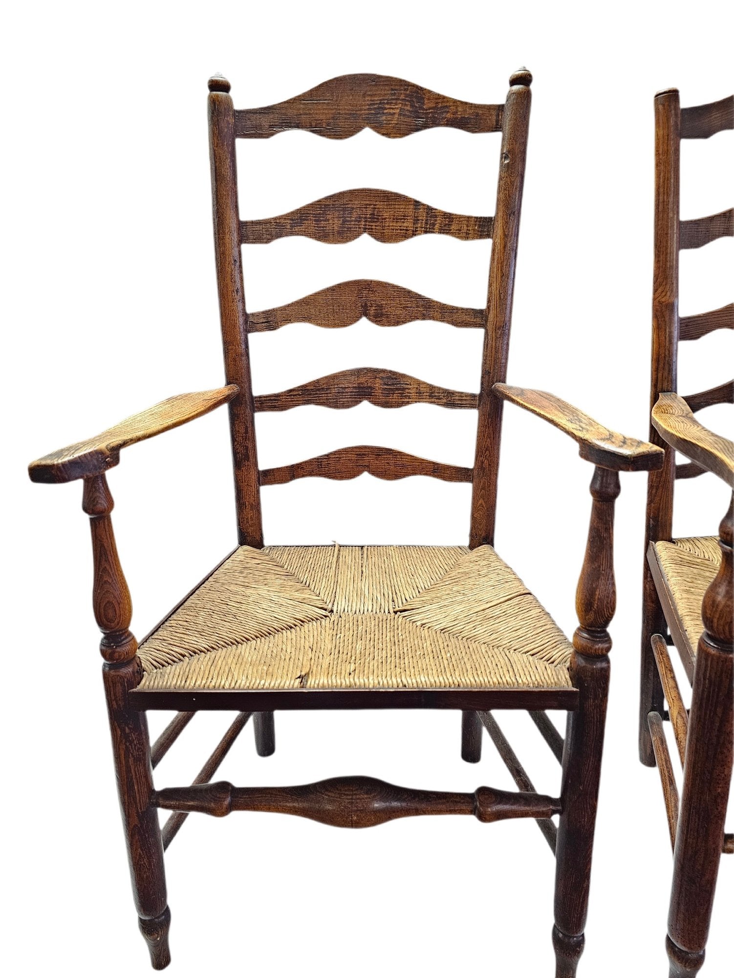 Matched Pair Of Antique Eighteenth-Century English Ladderback Rush Seat Chairs