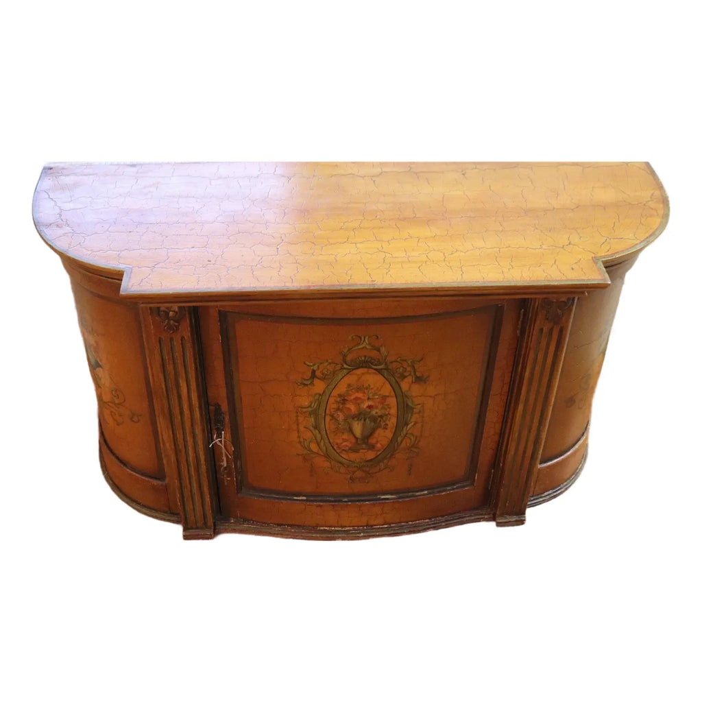 Large Hand-Painted Neoclassical Demilune Console Cabinet, Louis XVI Style, Floral Medallion