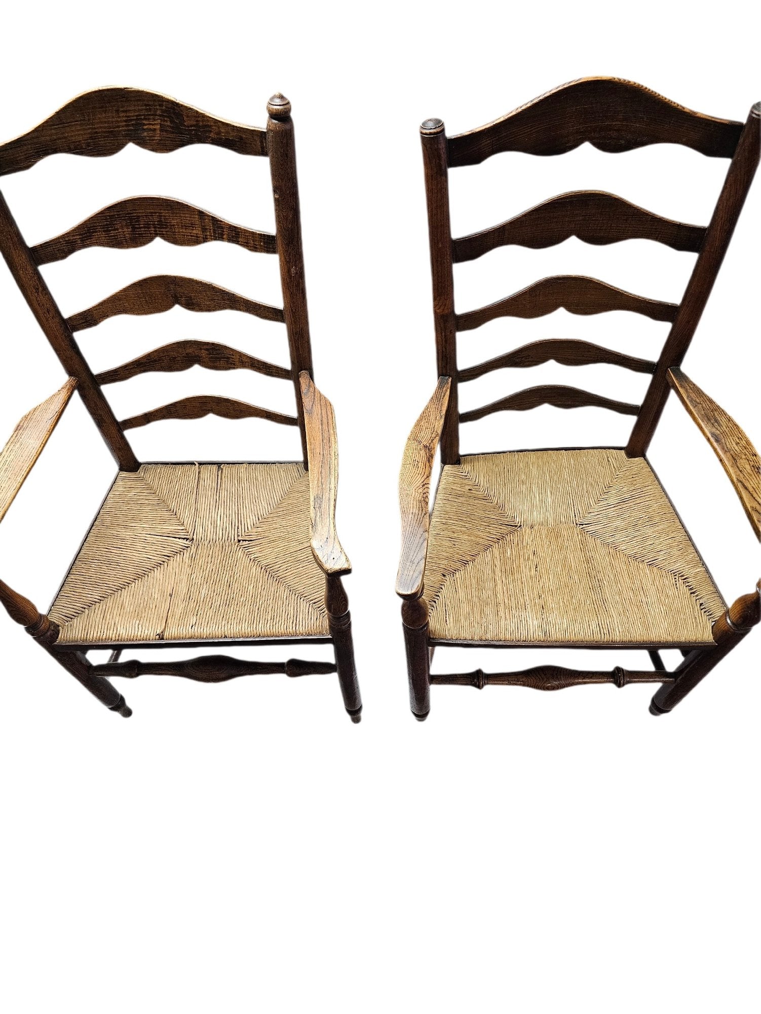 Matched Pair Of Antique Eighteenth-Century English Ladderback Rush Seat Chairs