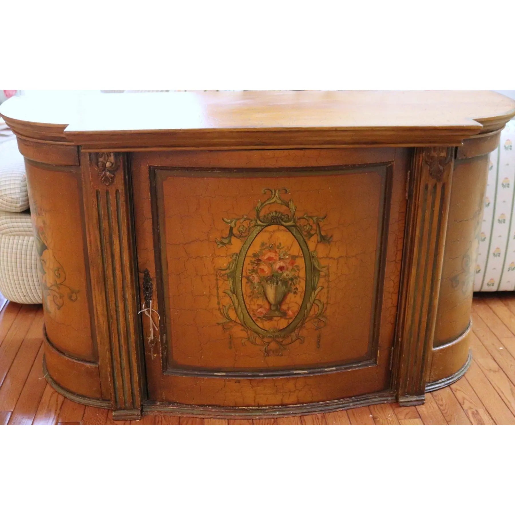Large Hand-Painted Neoclassical Demilune Console Cabinet, Louis XVI Style, Floral Medallion