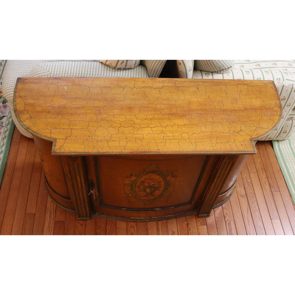 Large Hand-Painted Neoclassical Demilune Console Cabinet, Louis XVI Style, Floral Medallion