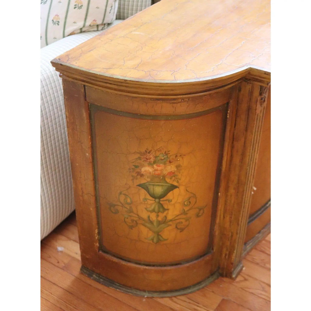 Large Hand-Painted Neoclassical Demilune Console Cabinet, Louis XVI Style, Floral Medallion