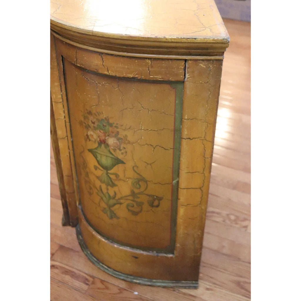 Large Hand-Painted Neoclassical Demilune Console Cabinet, Louis XVI Style, Floral Medallion