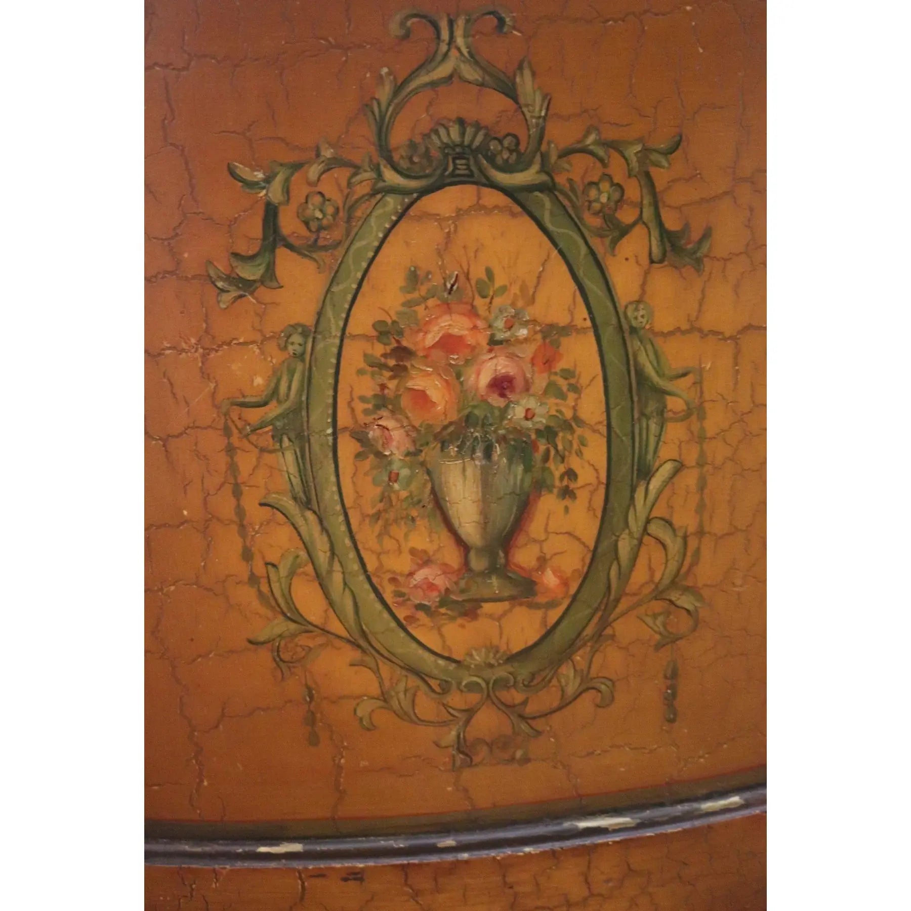 Large Hand-Painted Neoclassical Demilune Console Cabinet, Louis XVI Style, Floral Medallion