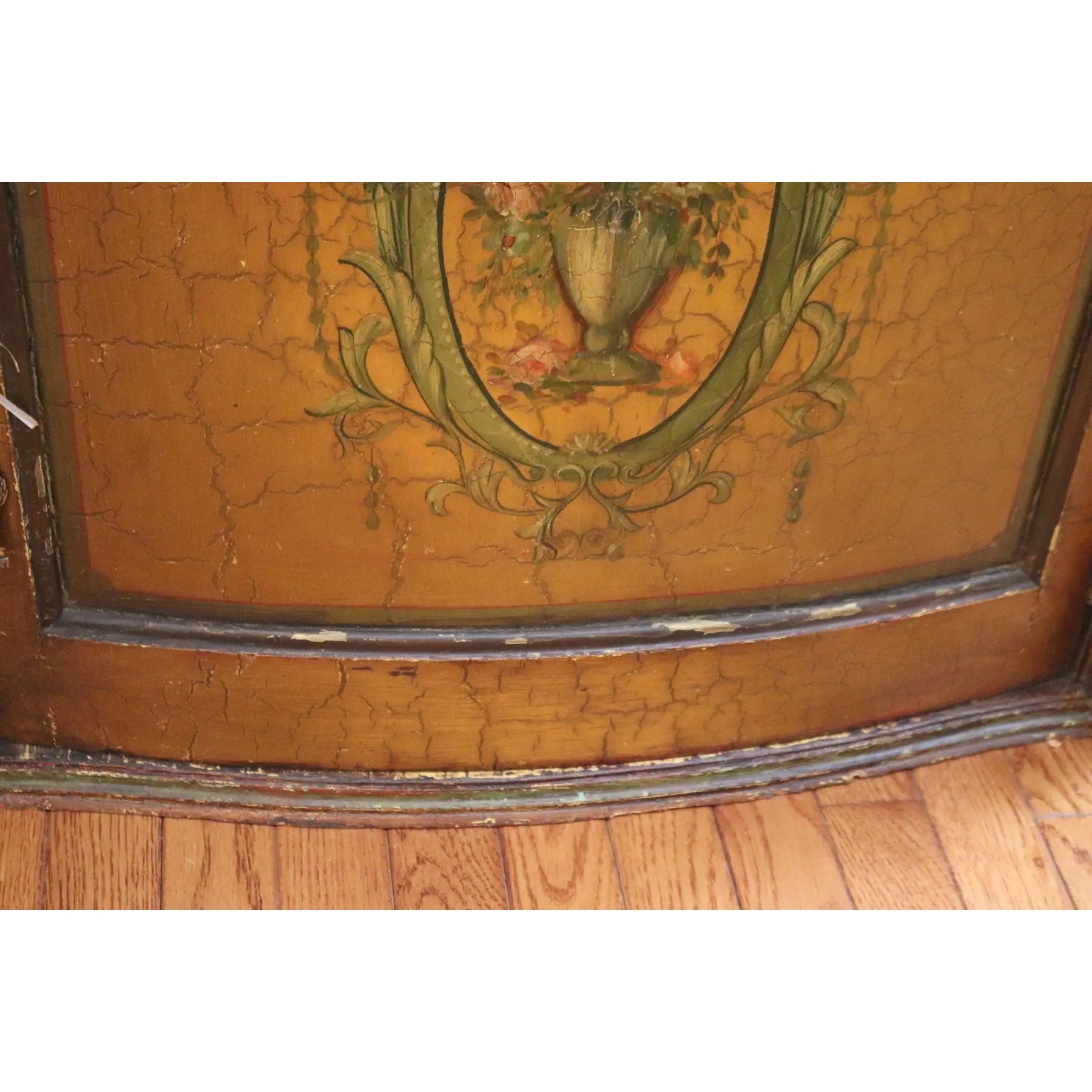 Large Hand-Painted Neoclassical Demilune Console Cabinet, Louis XVI Style, Floral Medallion