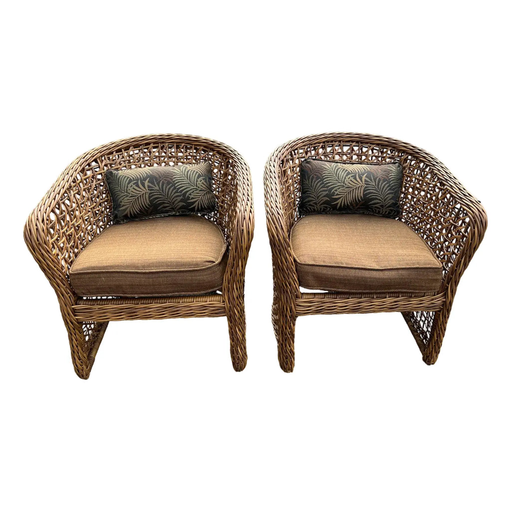 Pair of Palecek Style Woven Rattan Barrel Chairs Coastal Organic Modern