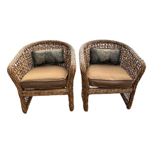 Pair of Palecek Style Woven Rattan Barrel Chairs Coastal Organic Modern