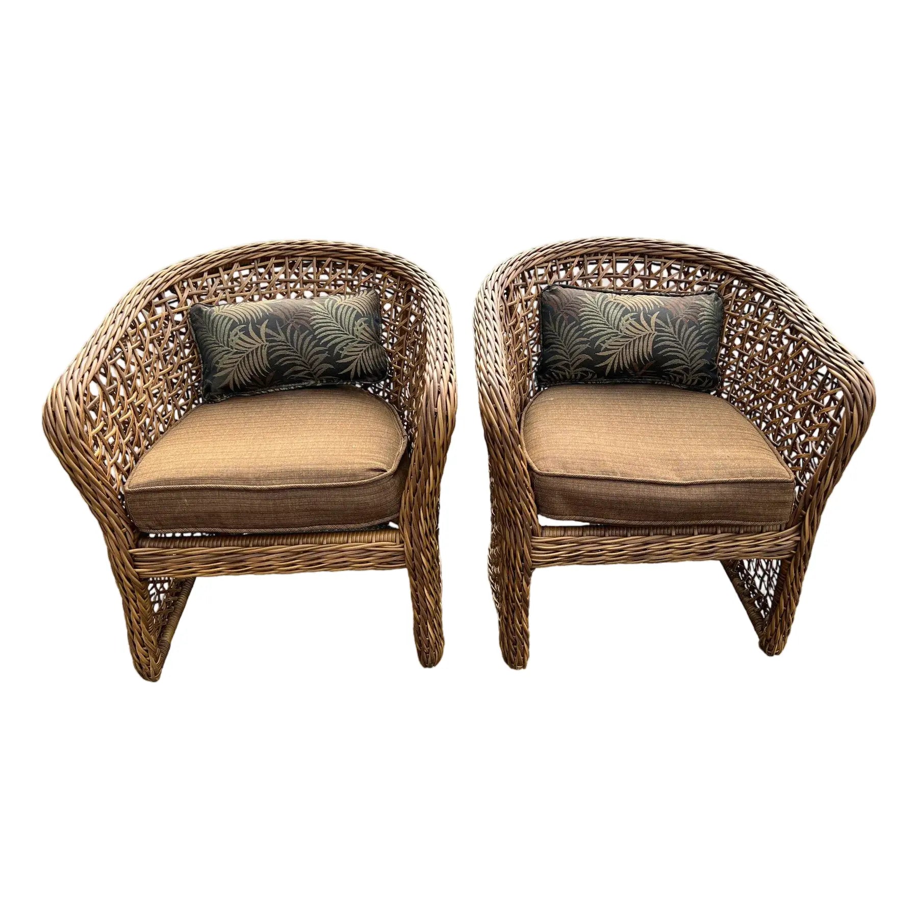 Pair of Palecek Style Woven Rattan Barrel Chairs Coastal Organic Modern