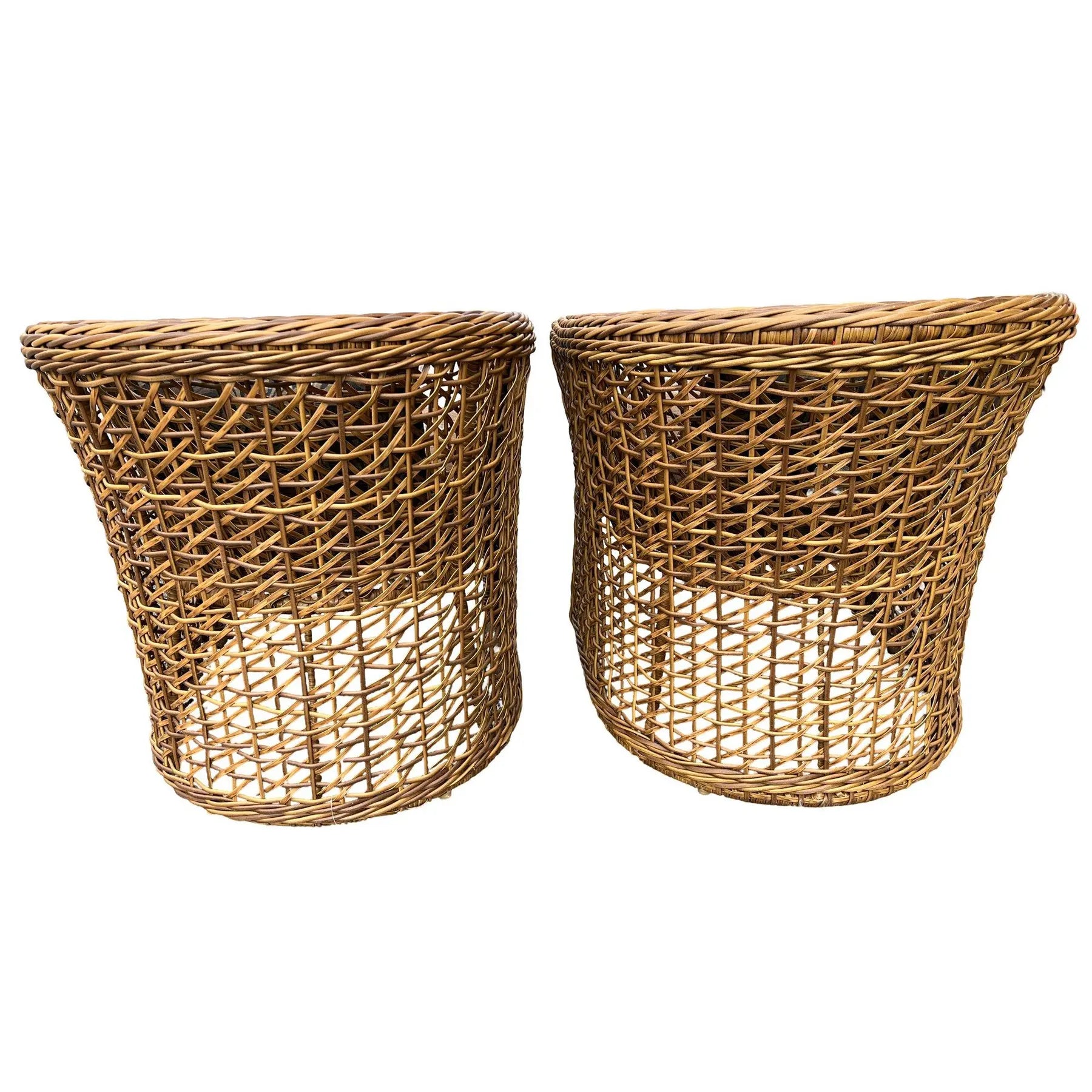 Pair of Palecek Style Woven Rattan Barrel Chairs Coastal Organic Modern
