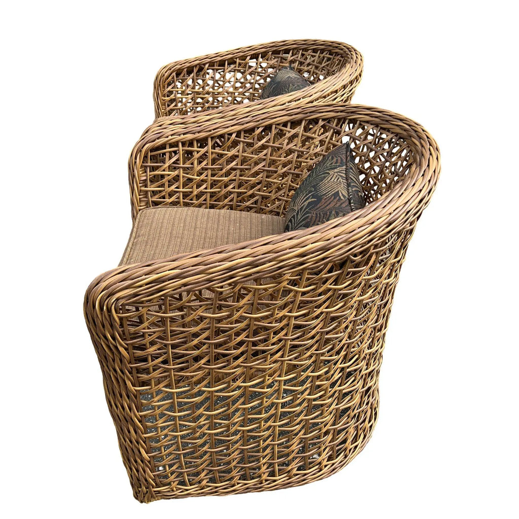 Pair of Palecek Style Woven Rattan Barrel Chairs Coastal Organic Modern