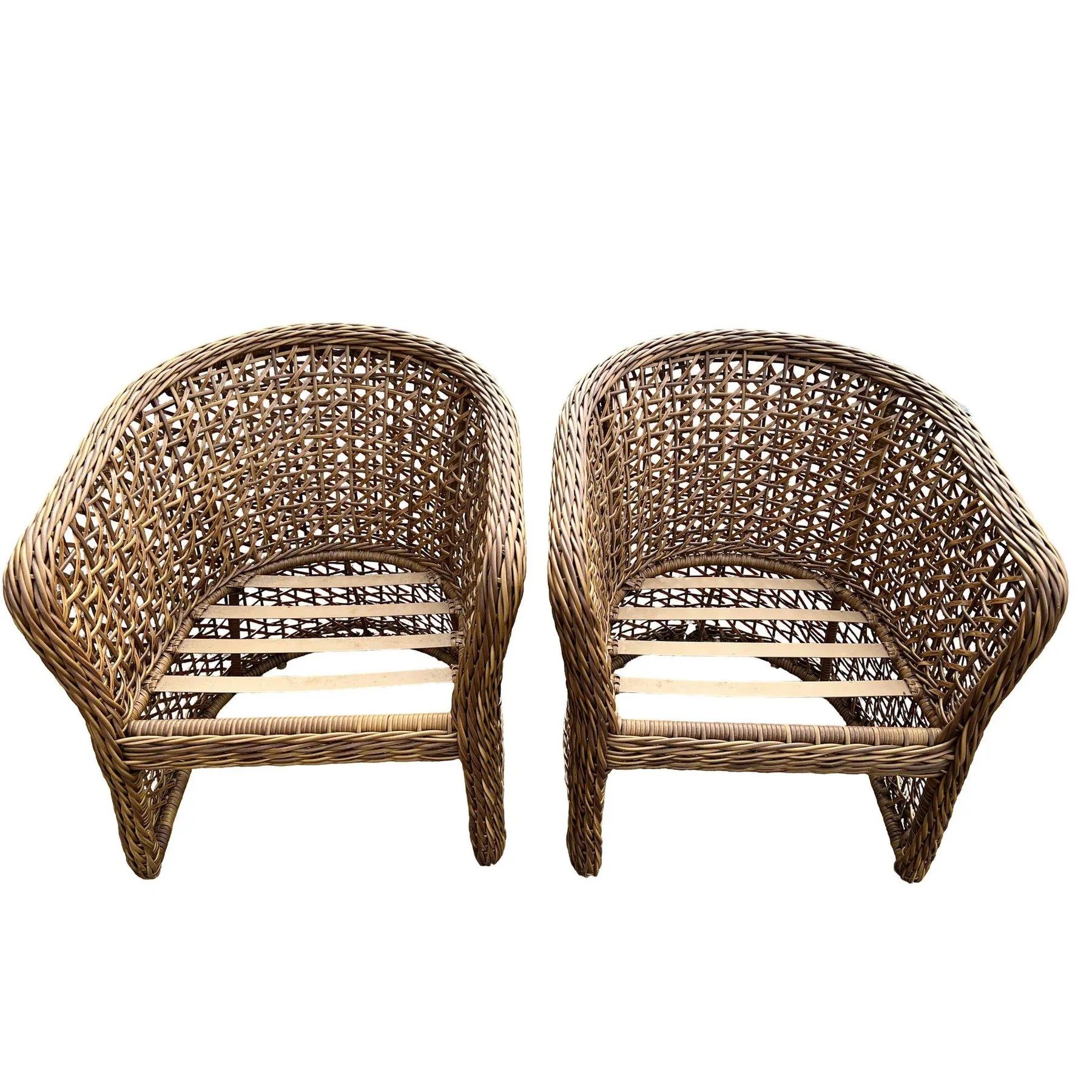 Pair of Palecek Style Woven Rattan Barrel Chairs Coastal Organic Modern