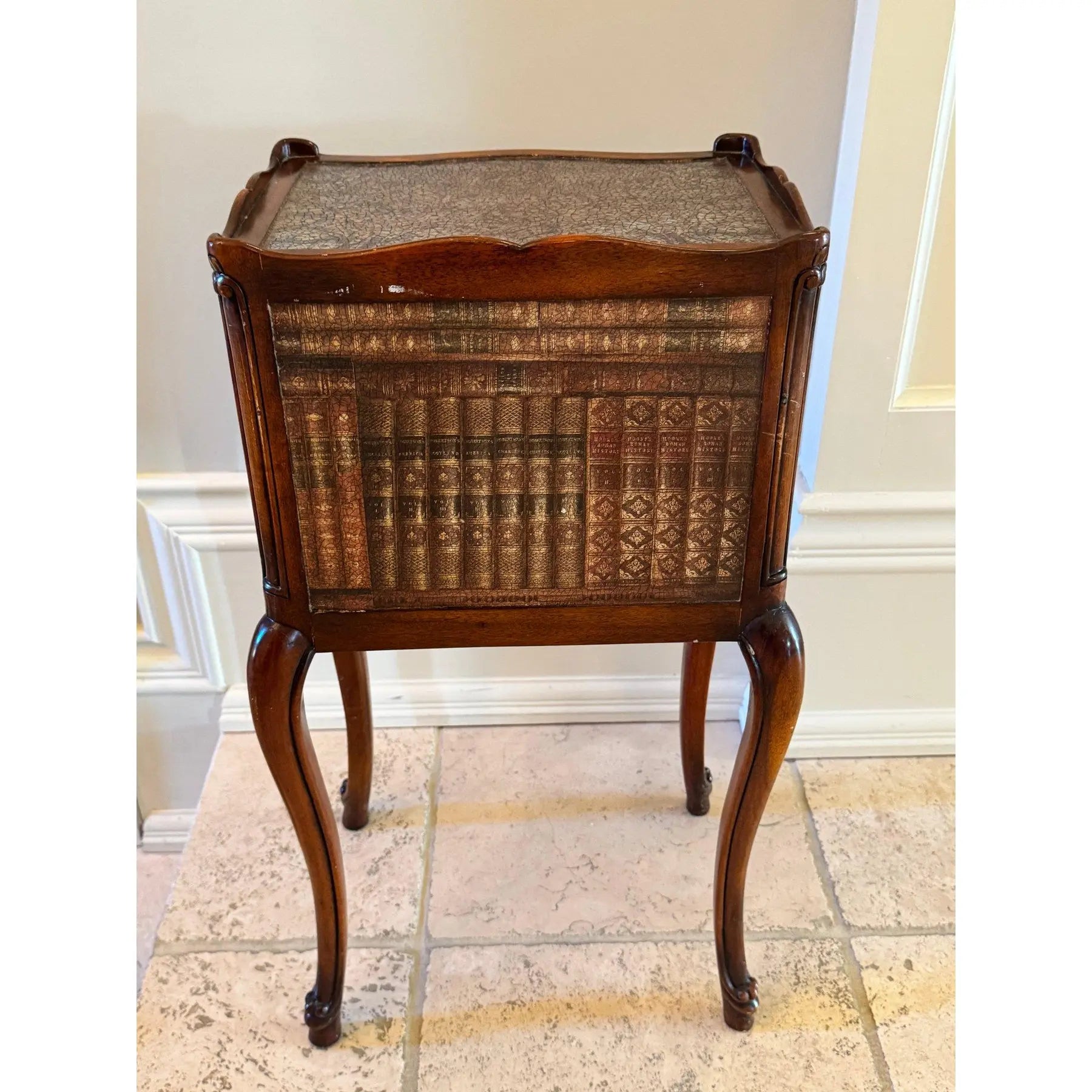 Theodore Alexander Petite Louis XVI Side Table with Faux Book Trompe l'Oeil Panels